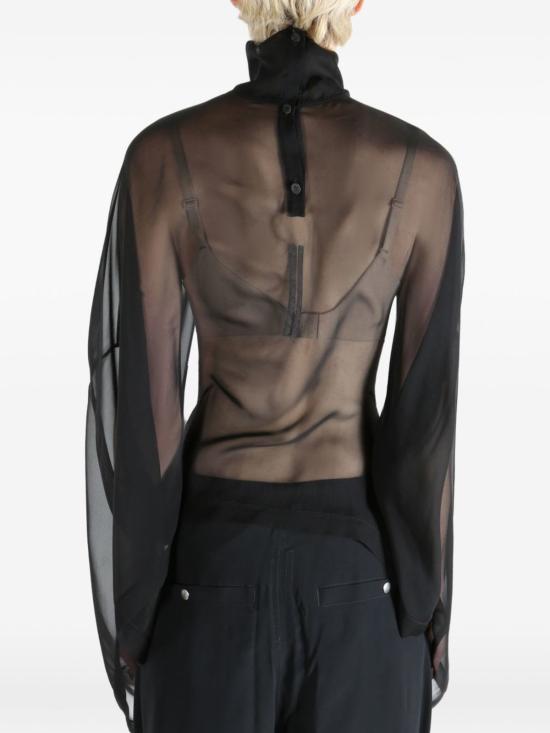  릭 오웬스 긴팔 티셔츠 실크 모크넥 버튼 플래킷 긴팔 시스루 탑 블랙 - RICK OWENS