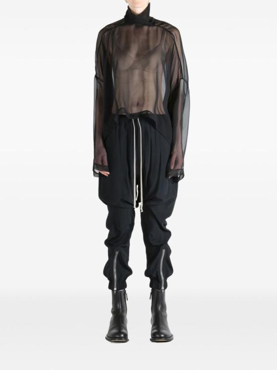  릭 오웬스 긴팔 티셔츠 실크 모크넥 버튼 플래킷 긴팔 시스루 탑 블랙 - RICK OWENS