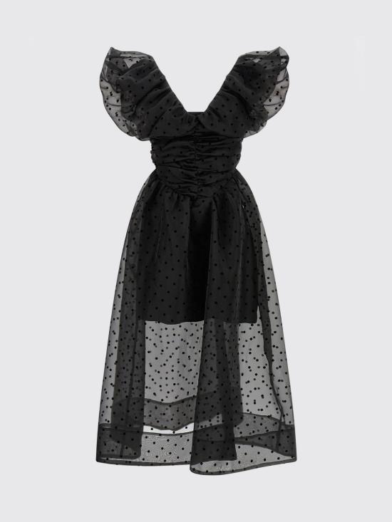 26SS 가니 프린티드 텍스쳐 오간다 롱 러치드 드레스 A1030107 099 Black - GANNI