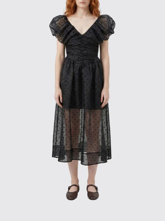 26SS 가니 프린티드 텍스쳐 오간다 롱 러치드 드레스 A1030107 099 Black