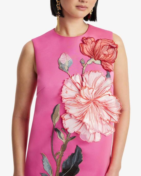  레오 린 숏 원피스 이본느 아플리케 플로럴 미니 드레스, 모란 프린트, 푸시아 색상 - LEO LIN