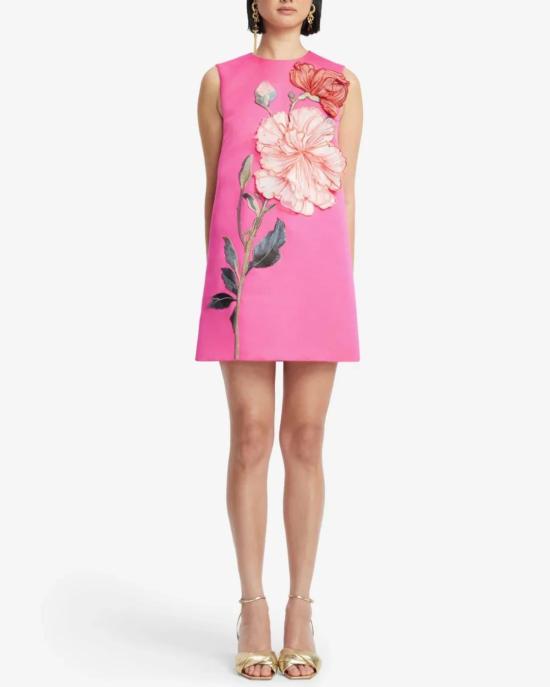  레오 린 숏 원피스 이본느 아플리케 플로럴 미니 드레스, 모란 프린트, 푸시아 색상 - LEO LIN