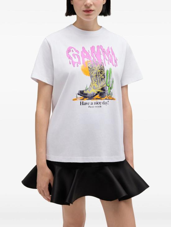 26SS 가니 웨스턴 부츠 프린트 티셔츠 A1050075 151 White - GANNI