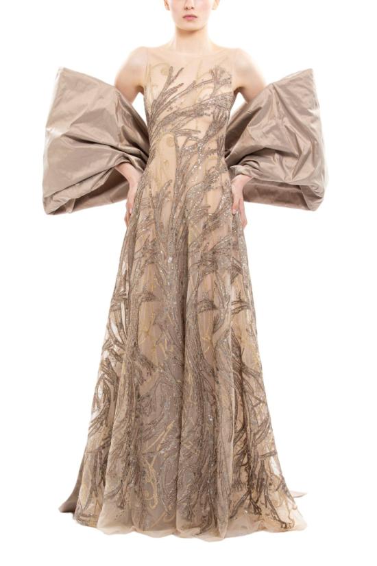  사이드 코베이시 롱 원피스 리본 장식 케이프가 달린 자수 롱 드레스 - SAIID KOBEISY