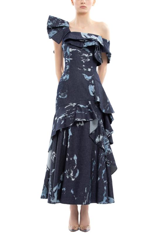  사이드 코베이시 롱 원피스 레이어드 프린트 데님 미디 드레스