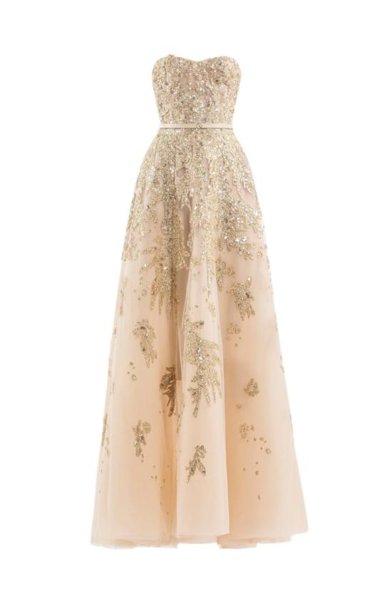  사이드 코베이시 롱 원피스 자수 스트랩리스 드레스