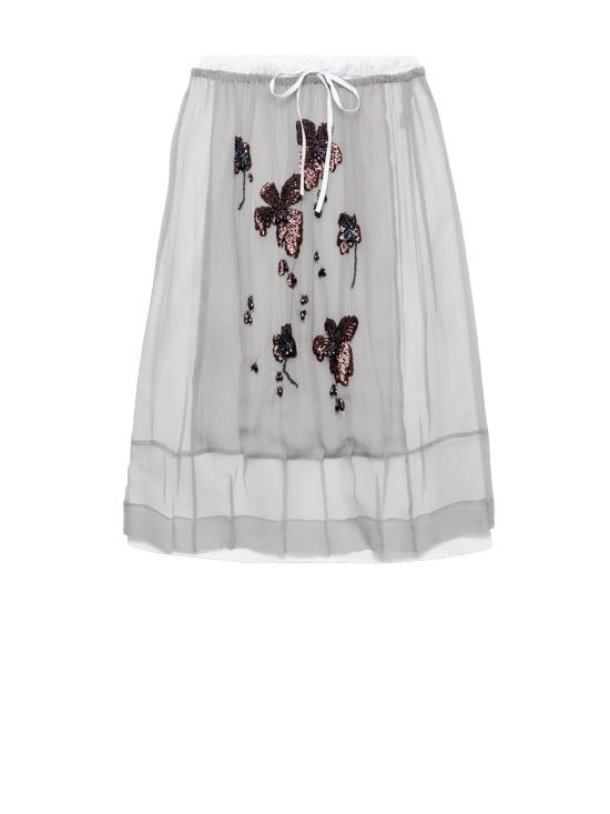 26SS 프라다 자수 시폰 미디 스커트 P172ZR 18QLF0024 ALLUMINIO