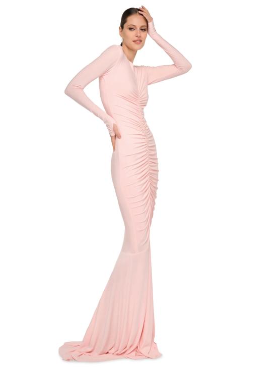 26SS 노마카말리 롱 원피스 KK1263PLT68838long sleeve v neck shirred front fishtail gown - NORMA KAMALI