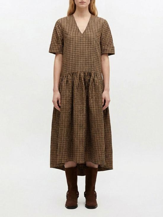 26SS 가니 크링클 체크 롱 드레스 A1030137 925 Brown