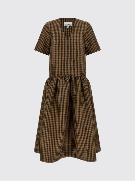26SS 가니 크링클 체크 롱 드레스 A1030137 925 Brown - GANNI