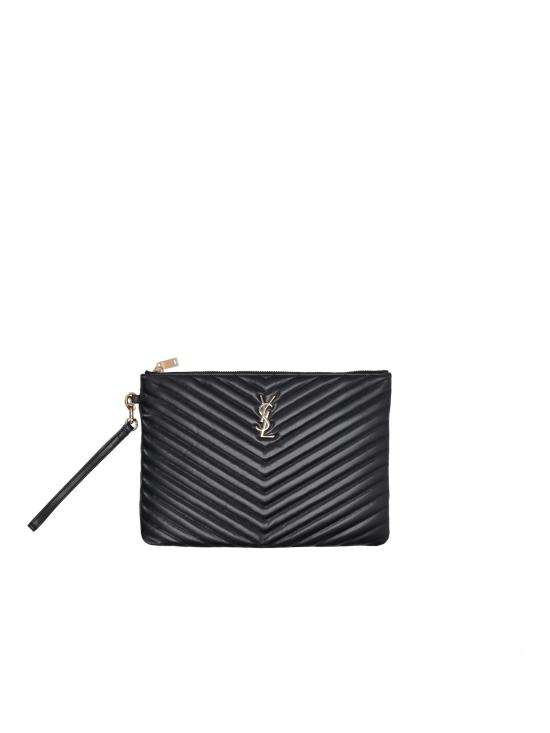 26SS 생로랑 퀼티드 레더 골드 모노그램 카산드라 마틀라세 태블릿 파우치 559193CWU01 1000 NOIR