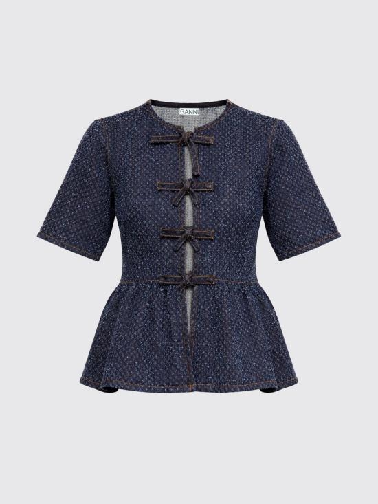 26SS 가니 트위드 데님 페플럽 탑 A1040088 077 Blue - GANNI