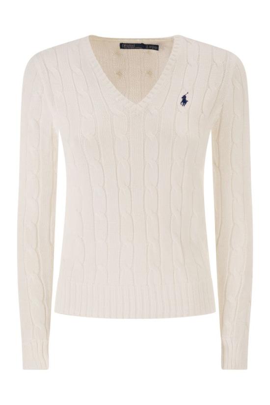  폴로 랄프로렌 포니로고 피마 코튼 케이블 니트 V넥 스웨터 211971870 003 WHITE
