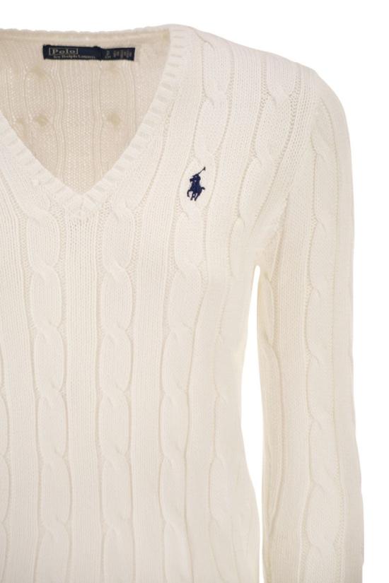  폴로 랄프로렌 포니로고 피마 코튼 케이블 니트 V넥 스웨터 211971870 003 WHITE - POLO RALPH LAUREN