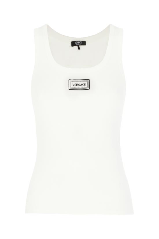 26SS 베르사체 로고 패피 리브드 스트레치 코튼 탱크탑 10232101A17222 1W000 OPTICAL WHITE