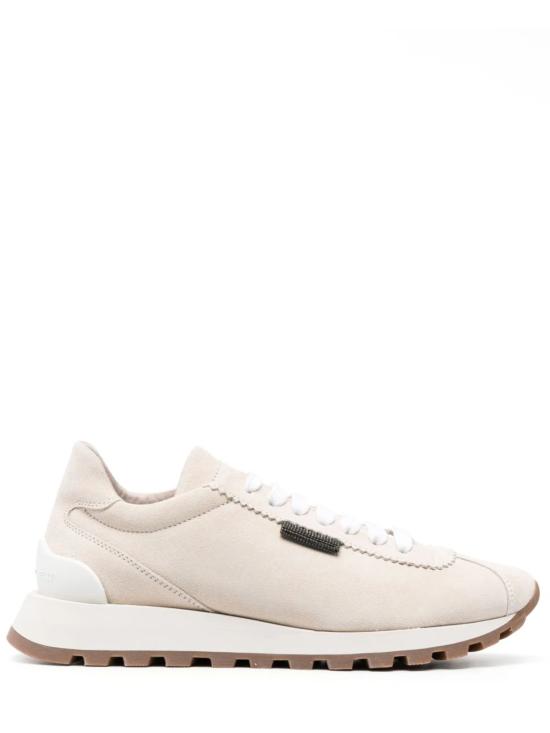 26SS 브루넬로 쿠치넬리 샤이니 탭 디테일 스웨이드 러닝 스니커즈 MZSFG2110 C8905 Ivory