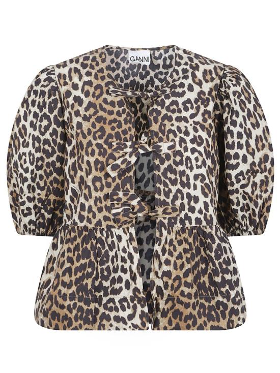 26SS 가니 레오파드 코튼 포플린 페플럼 타이 블라우스 F9116 943 Grey