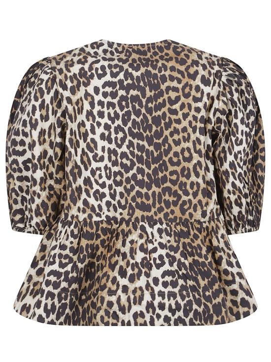 26SS 가니 레오파드 코튼 포플린 페플럼 타이 블라우스 F9116 943 Grey - GANNI