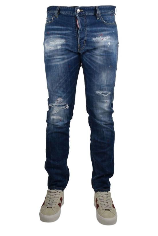  디스퀘어드2 데님 팬츠 페인트 효과가 있는 파란색 스트레치 코튼 진 - DSQUARED2