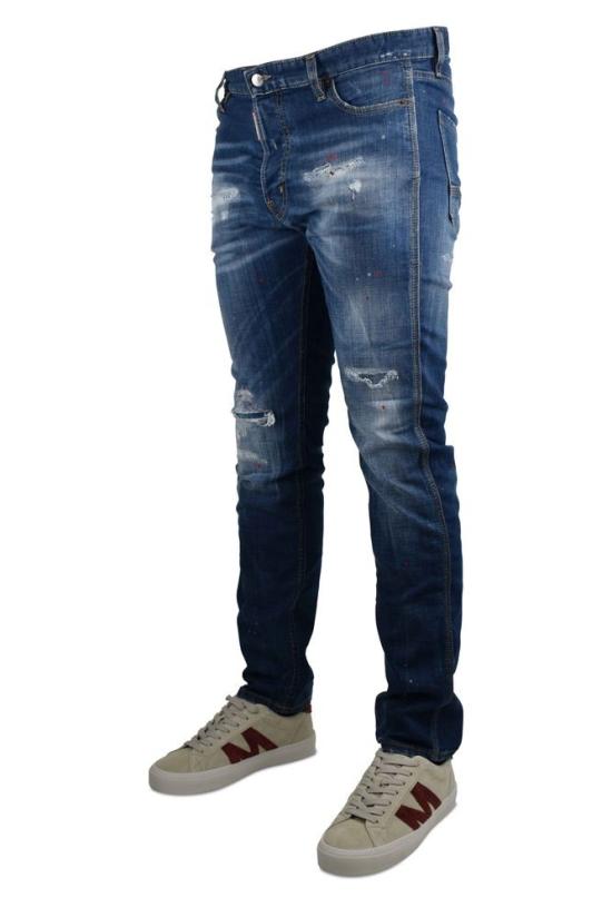  디스퀘어드2 데님 팬츠 페인트 효과가 있는 파란색 스트레치 코튼 진 - DSQUARED2