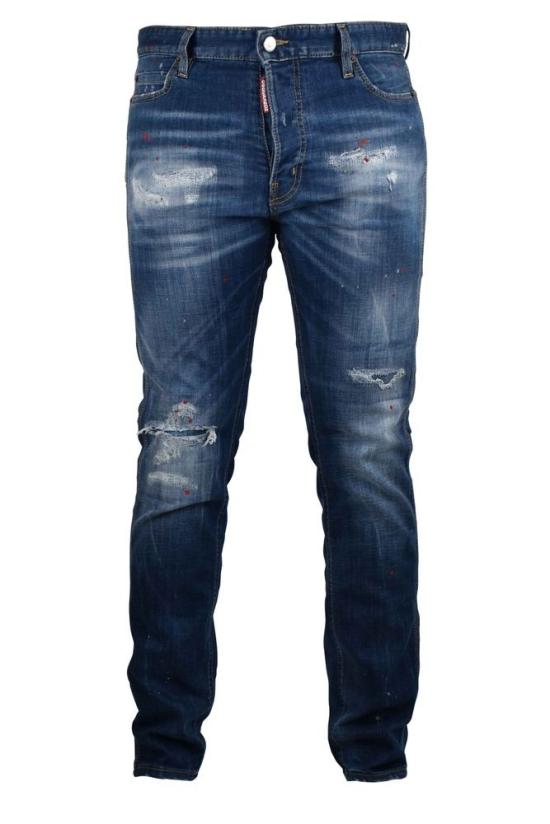  디스퀘어드2 데님 팬츠 페인트 효과가 있는 파란색 스트레치 코튼 진