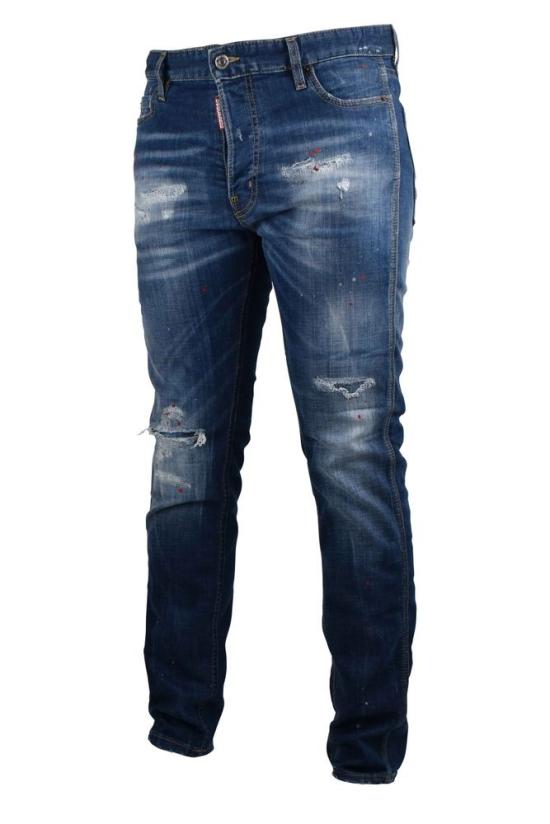  디스퀘어드2 데님 팬츠 페인트 효과가 있는 파란색 스트레치 코튼 진 - DSQUARED2