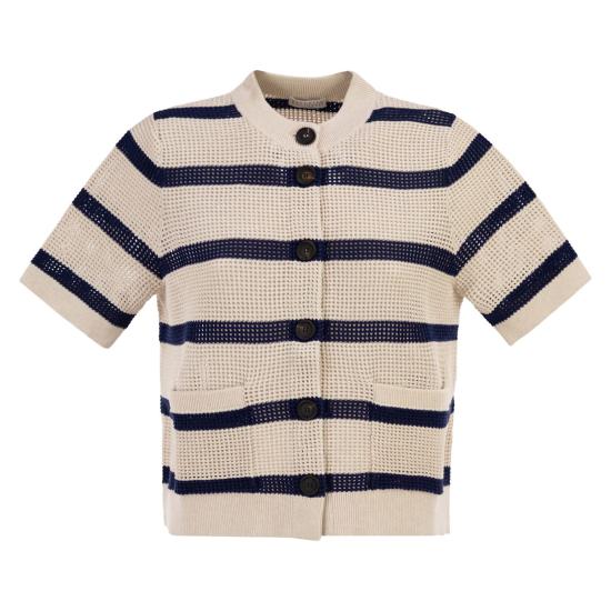 26SS 브루넬로 쿠치넬리 코튼 네트 스트라이프 가디건 M19225716 WHITE BLUE