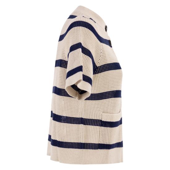 26SS 브루넬로 쿠치넬리 코튼 네트 스트라이프 가디건 M19225716 WHITE BLUE - BRUNELLO CUCINELLI