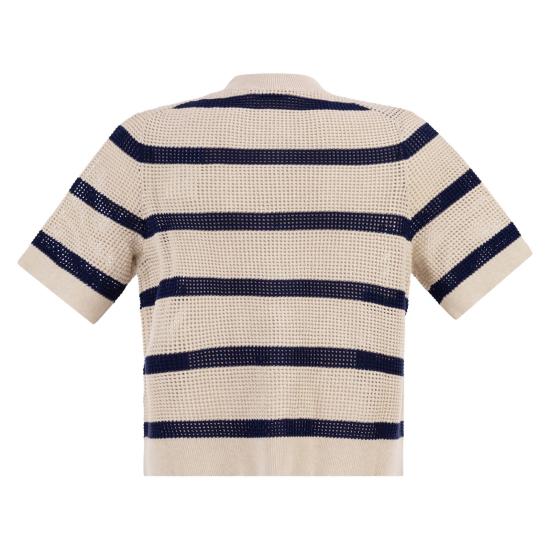 26SS 브루넬로 쿠치넬리 코튼 네트 스트라이프 가디건 M19225716 WHITE BLUE - BRUNELLO CUCINELLI