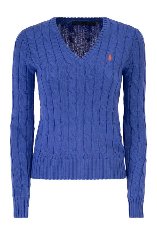 26SS 폴로 랄프로렌 포니로고 피마 코튼 케이블 니트 V넥 스웨터 211971870 504 BLUE