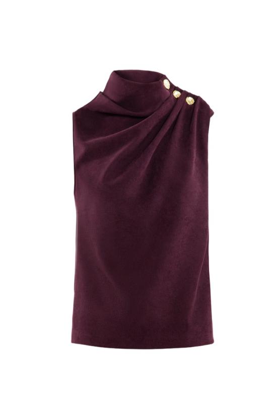  사이드 코베이시 민소매 티셔츠 골드 버튼 숄더가 있는 플리츠