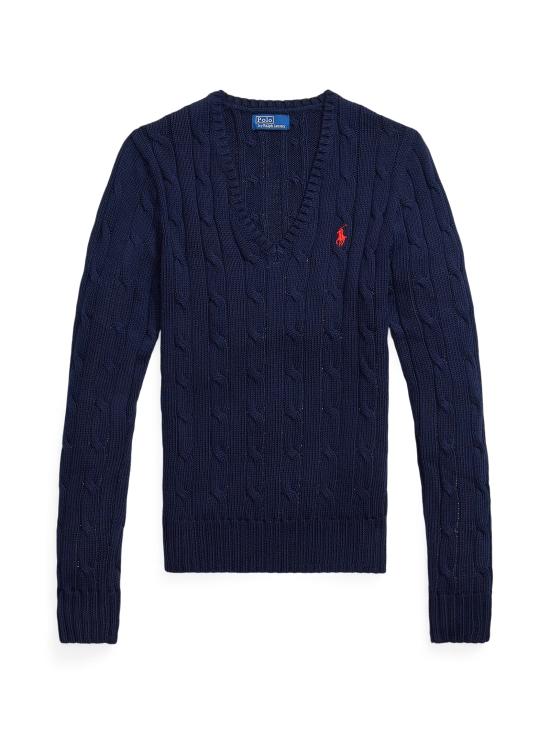 26SS 폴로 랄프로렌 포니로고 피마 코튼 케이블 니트 V넥 스웨터 211971870 004 BLUE