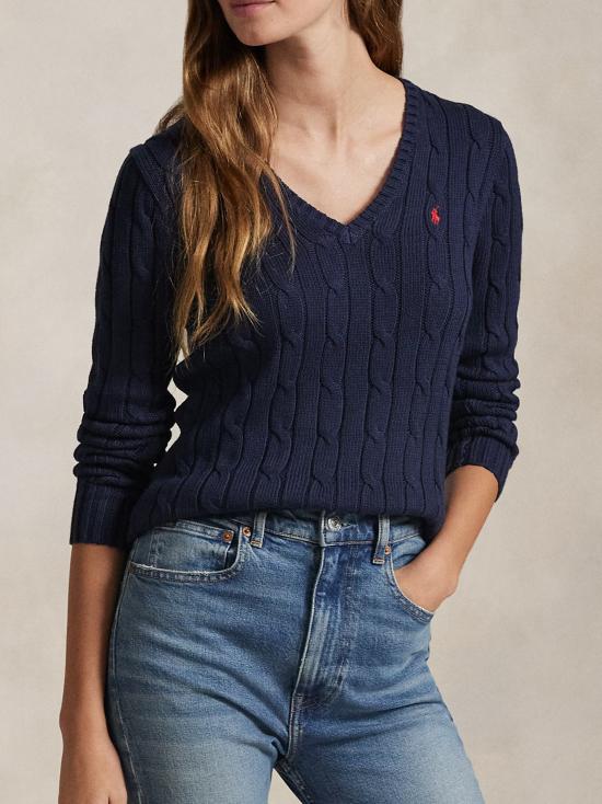 26SS 폴로 랄프로렌 포니로고 피마 코튼 케이블 니트 V넥 스웨터 211971870 004 BLUE - POLO RALPH LAUREN