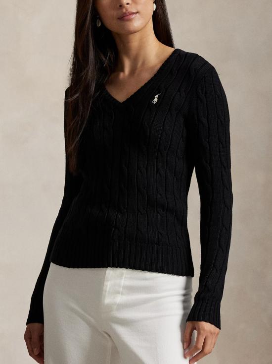 26SS 폴로 랄프로렌 포니로고 피마 코튼 케이블 니트 V넥 스웨터 211971870 002 BLACK - POLO RALPH LAUREN