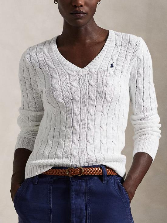 26SS 폴로 랄프로렌 포니로고 피마 코튼 케이블 니트 V넥 스웨터 211971870 003 WHITE - POLO RALPH LAUREN