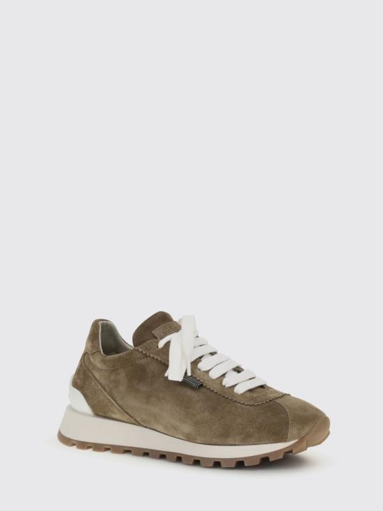 26SS 브루넬로 쿠치넬리 샤이니 탭 디테일 스웨이드 러닝 스니커즈 MZSFG2110 C8921 Mud - BRUNELLO CUCINELLI