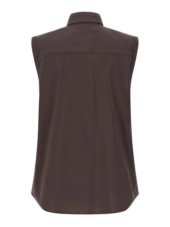 26SS 브루넬로 쿠치넬리 샤이니 트리밍 스트레치 코튼 포플린 슬리브리스 셔츠 M0091MA616C8589 Brown - BRUNELLO CUCINELLI