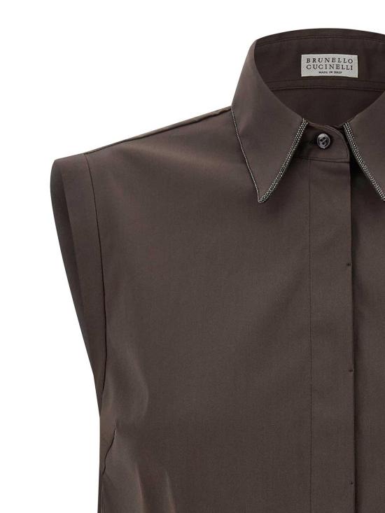 26SS 브루넬로 쿠치넬리 샤이니 트리밍 스트레치 코튼 포플린 슬리브리스 셔츠 M0091MA616C8589 Brown - BRUNELLO CUCINELLI
