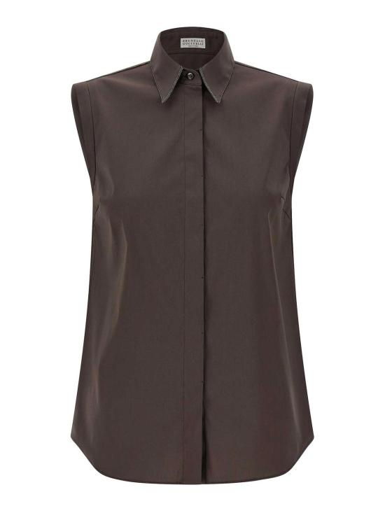 26SS 브루넬로 쿠치넬리 샤이니 트리밍 스트레치 코튼 포플린 슬리브리스 셔츠 M0091MA616C8589 Brown