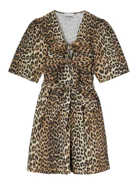 26SS 가니 레오파드 코튼 보우 밴드 미니 드레스 A1030250943 Brown