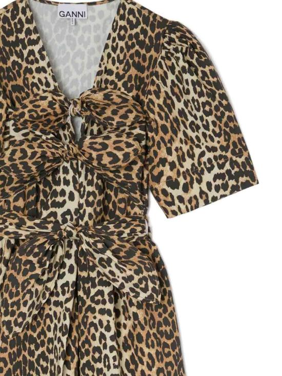 26SS 가니 레오파드 코튼 보우 밴드 미니 드레스 A1030250943 Brown - GANNI
