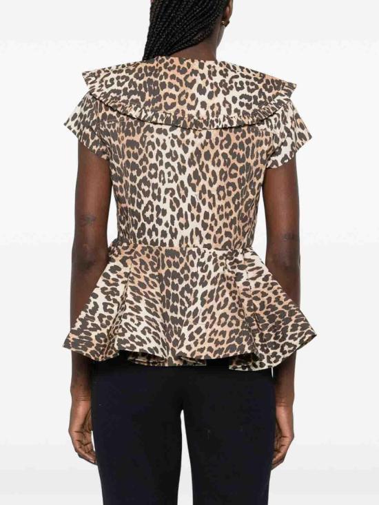 26SS 가니 레오파드 쇼트 코튼 러플 셔츠 A1040120859 Brown - GANNI