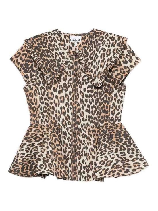 26SS 가니 레오파드 쇼트 코튼 러플 셔츠 A1040120859 Brown