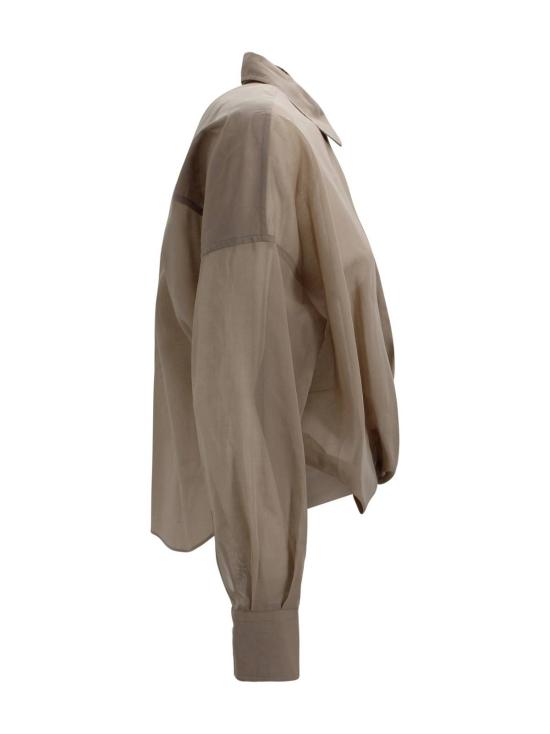  브루넬로 쿠치넬리 블라우스 시어 실크 셔츠, 러플 디테일, 커피색 - BRUNELLO CUCINELLI