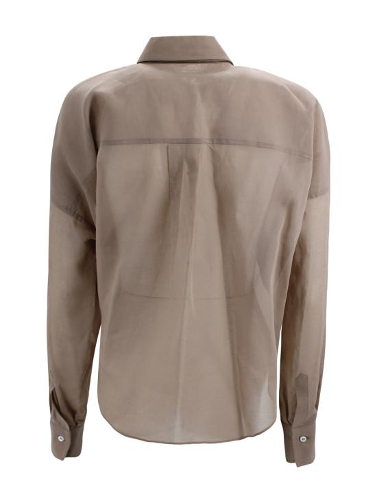  브루넬로 쿠치넬리 블라우스 시어 실크 셔츠, 러플 디테일, 커피색 - BRUNELLO CUCINELLI