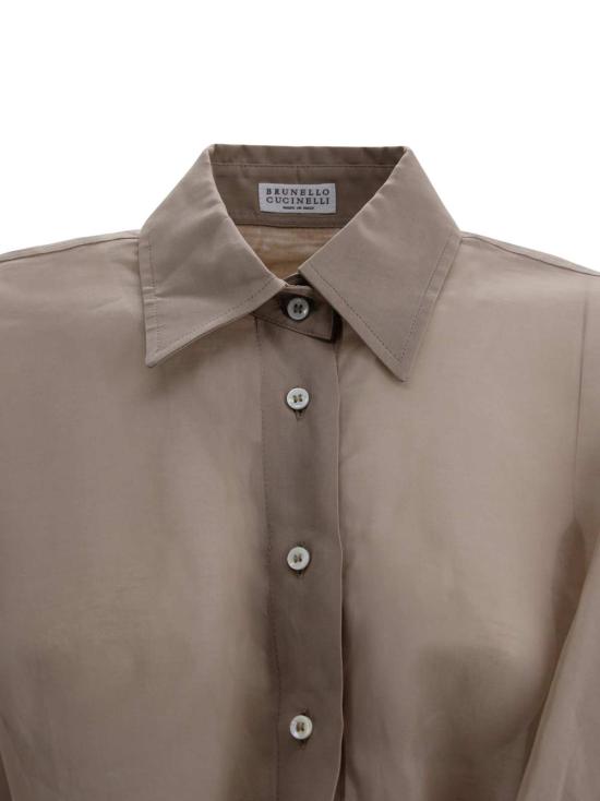  브루넬로 쿠치넬리 블라우스 시어 실크 셔츠, 러플 디테일, 커피색 - BRUNELLO CUCINELLI