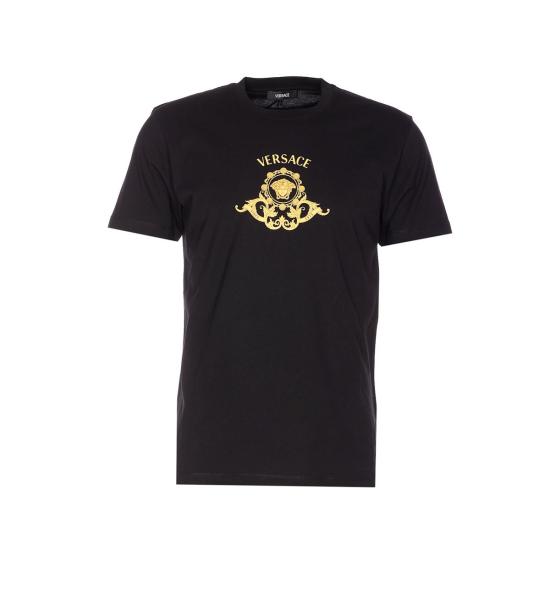  베르사체 반팔 티셔츠 영웅의 전당 문장 그래픽 티셔츠 블랙