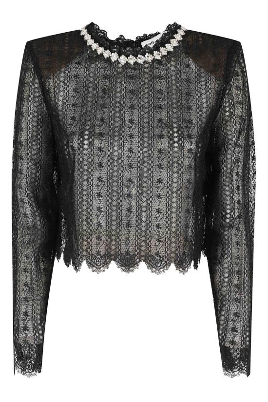  셀프 포트레이트 블라우스 오르간자 레이스 탑 블랙