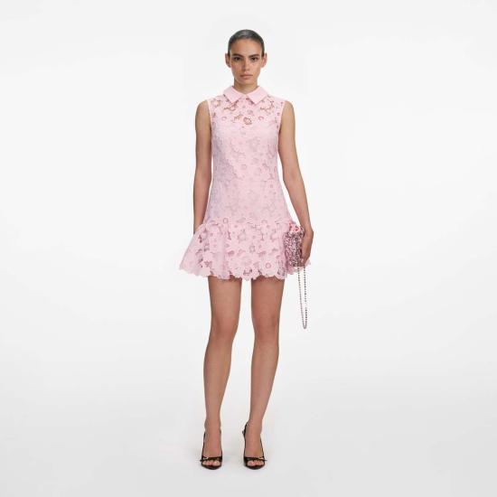  셀프 포트레이트 숏 원피스 레이스 칼라 미니 드레스 핑크