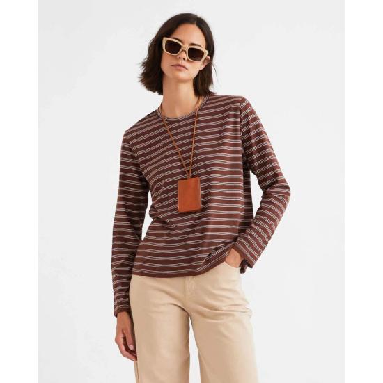  큘 반팔 티셔츠 쿨레 모던 롱 티 브라운/화이트 믹스 스트라이프 - KULE